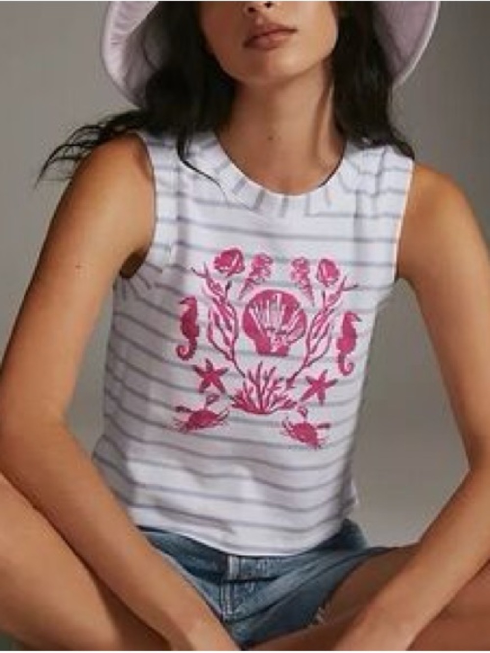 Maeve by Anthropologie Striped White/Blue Tank with Pink Nautical Graphics